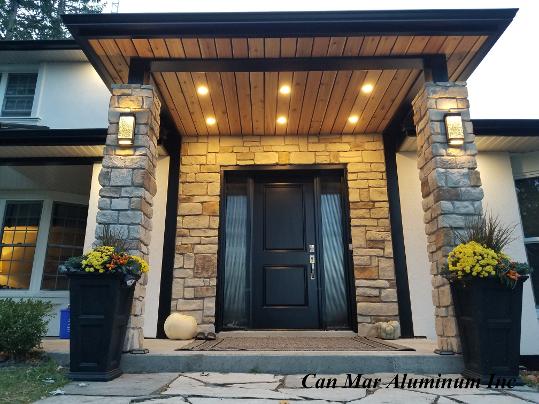 wood soffit | cider porch soffit | wood/aluminum mix | black gutters | Oakville gutters